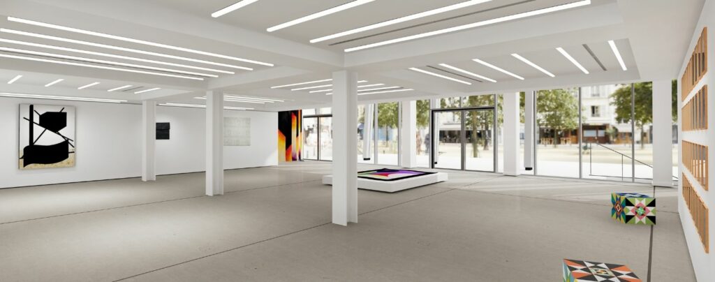 an open space white gallery with abstract boxes and paintings on the wall